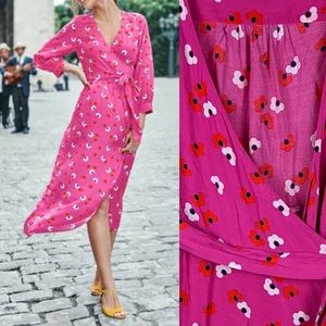 Boden Pink Red Floral Wrap Midi Dress Size 6
